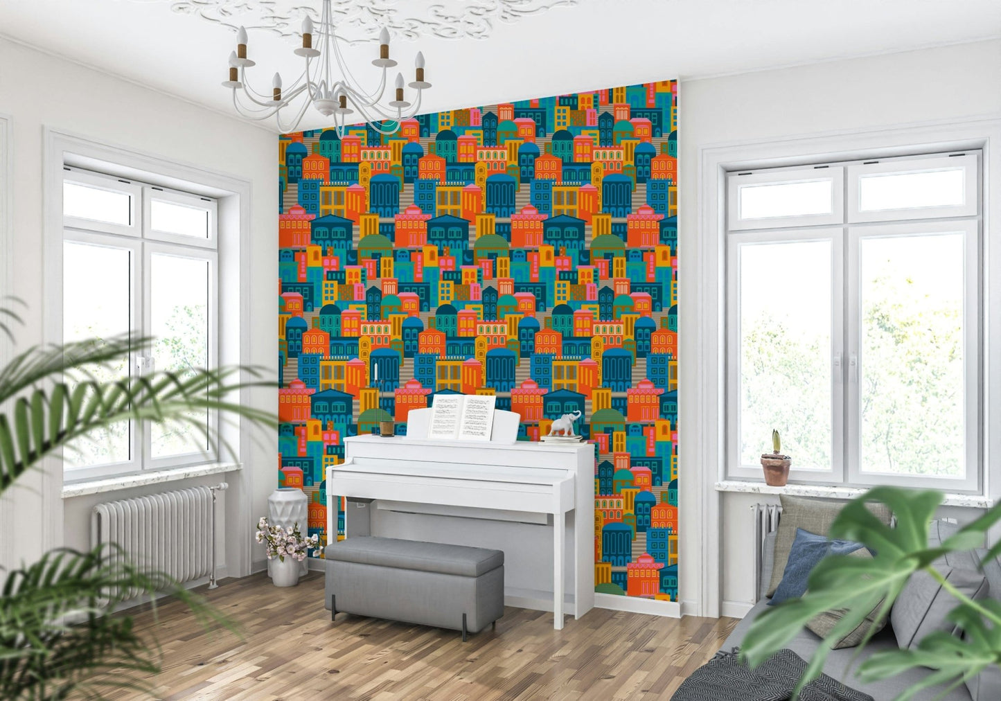 Playful geometric buildings wallpaper in vibrant neon tones