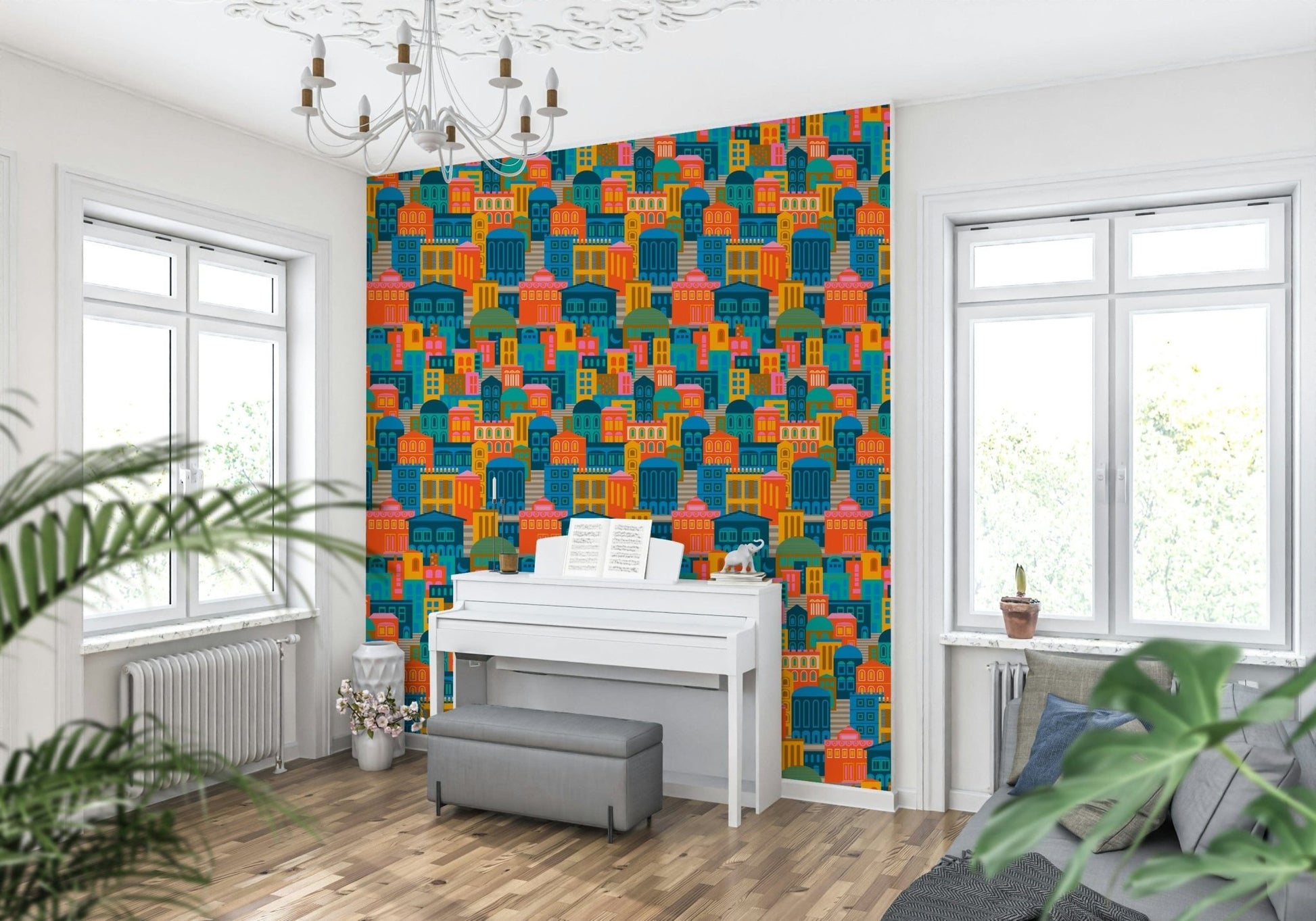 Playful geometric buildings wallpaper in vibrant neon tones