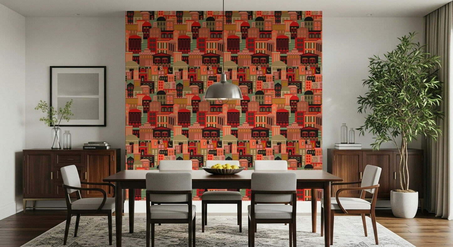 Colorful geometric night city wallpaper for home office backdrop, clean graphic look