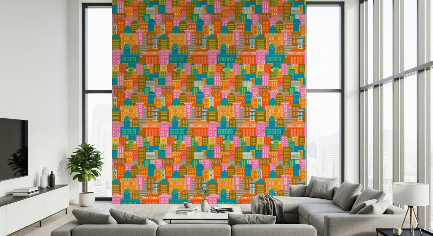 Vintage travel cityscape mural with rainbow brights for bedroom wall decor
