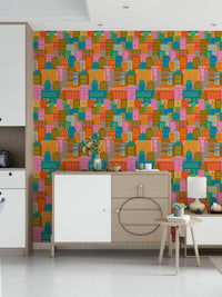 Colourful geometric city wallpaper for home office backdrop, tidy modern wall decor