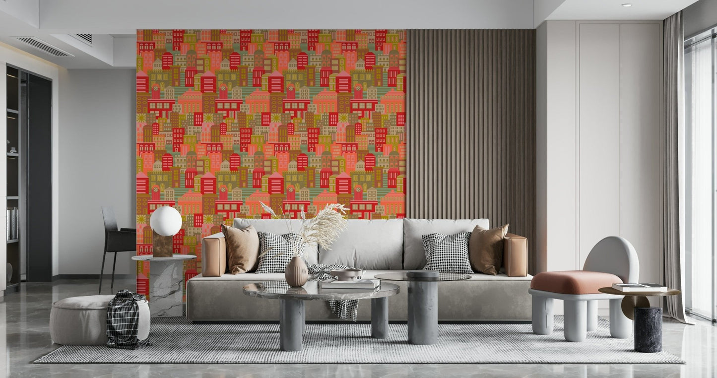 City Lights By Day wallpaper in office, bright geometric buildings with sunny colours