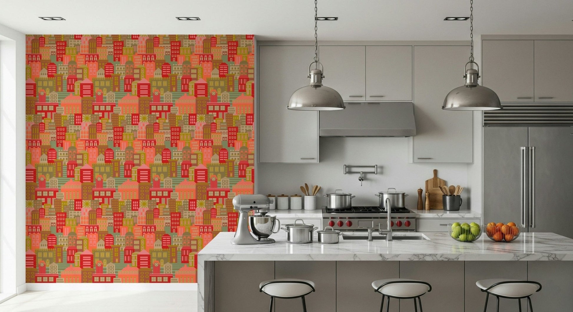 1950s inspired city buildings mural for hallway, bright colours and graphic style