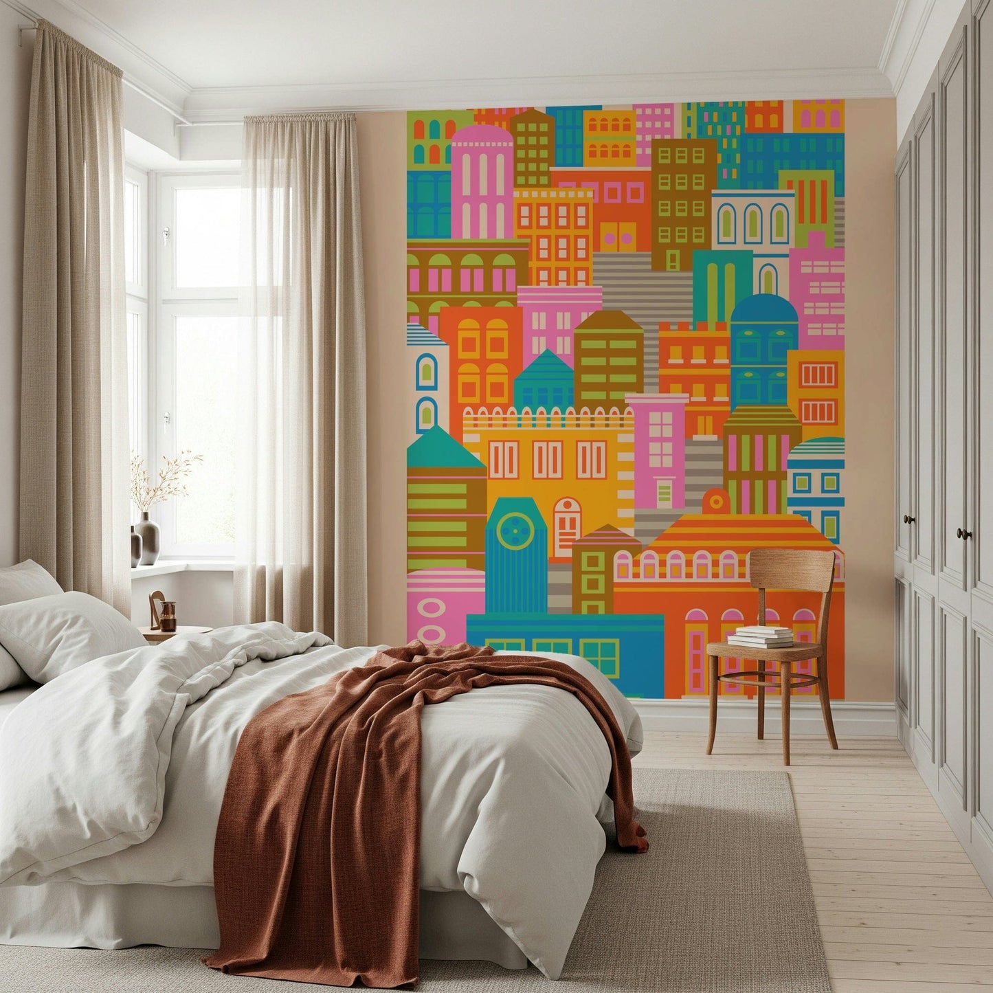 Wide perspective showing City Lights Bright Geometric Wallpaper urban vista.