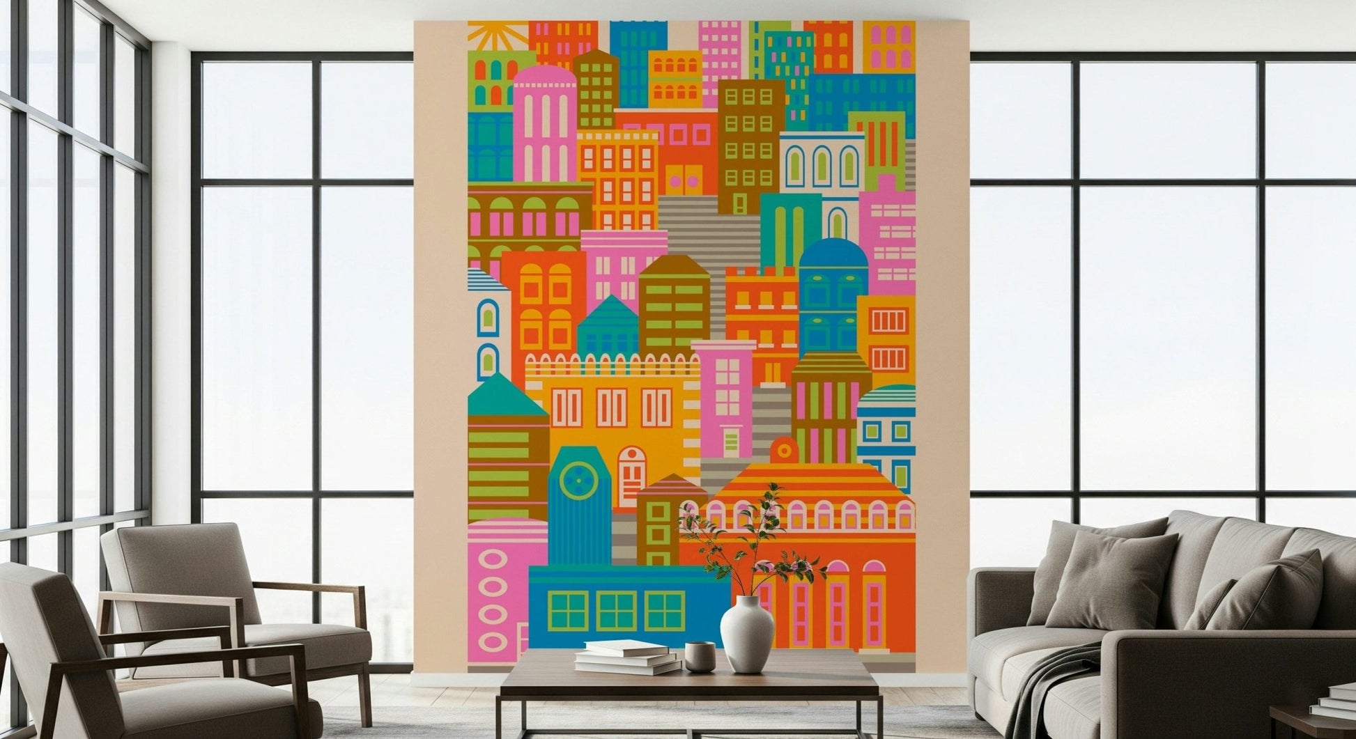 Monochrome pink and orange hues for City Lights Bright Geometric Wallpaper unique wallpaper.
