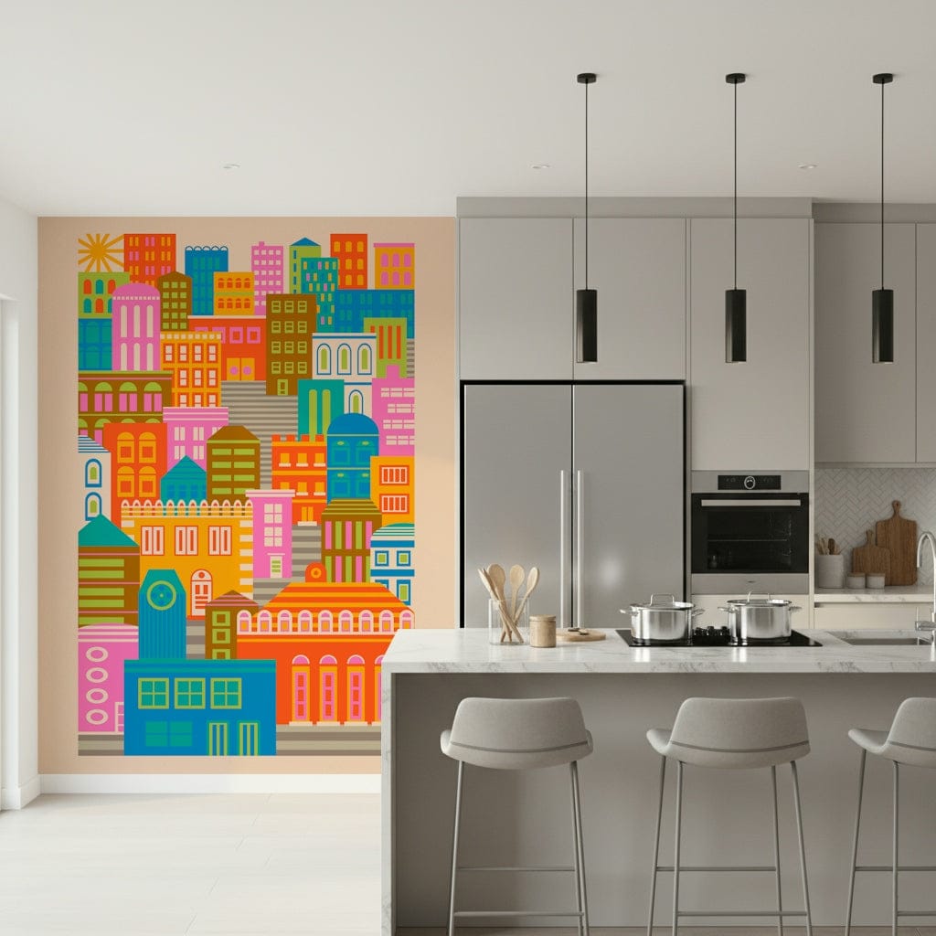 Bold simple geometric pattern City Lights Bright Geometric Wallpaper for walls.