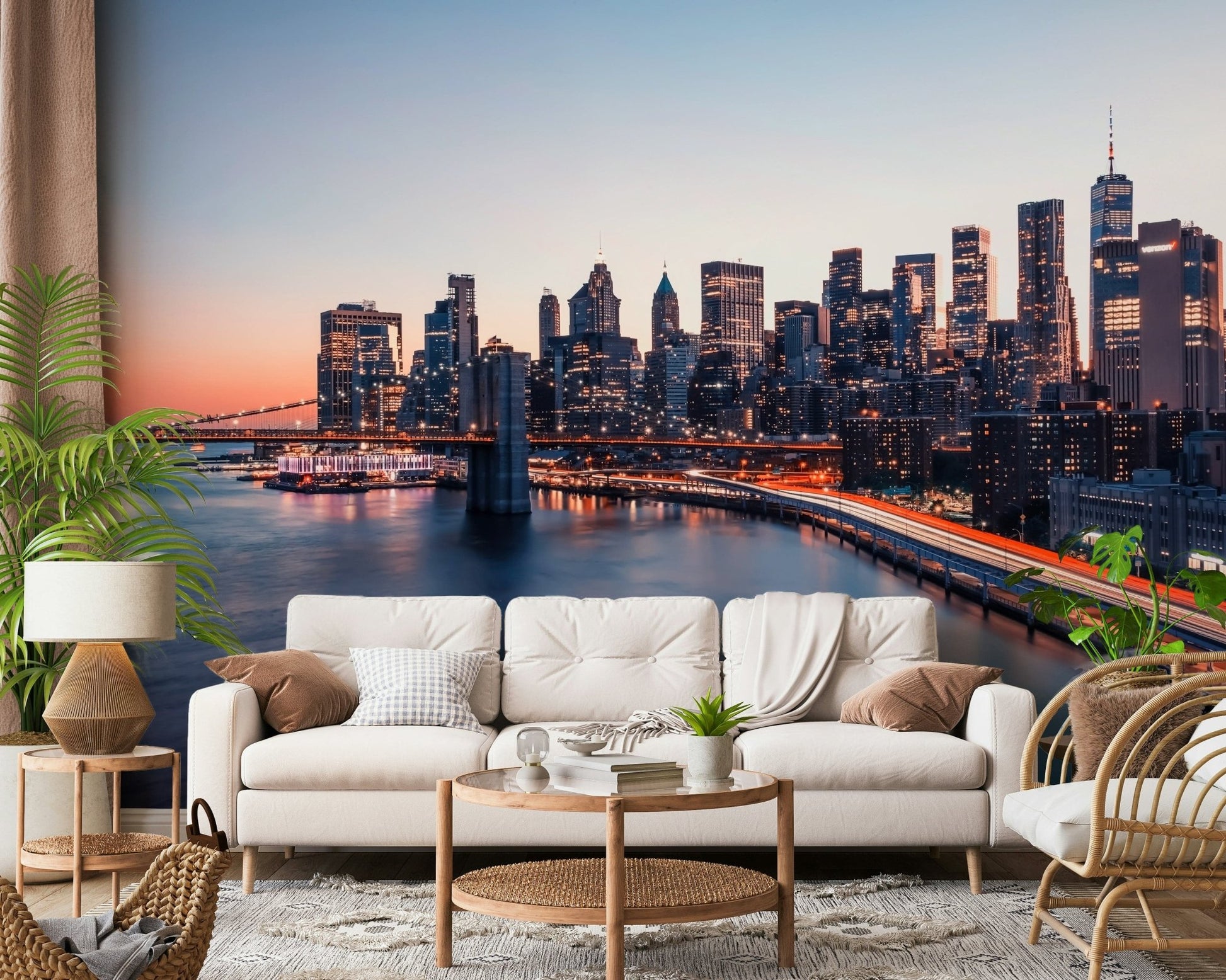 Atmospheric riverfront City Lights Dusk wallpaper for walls