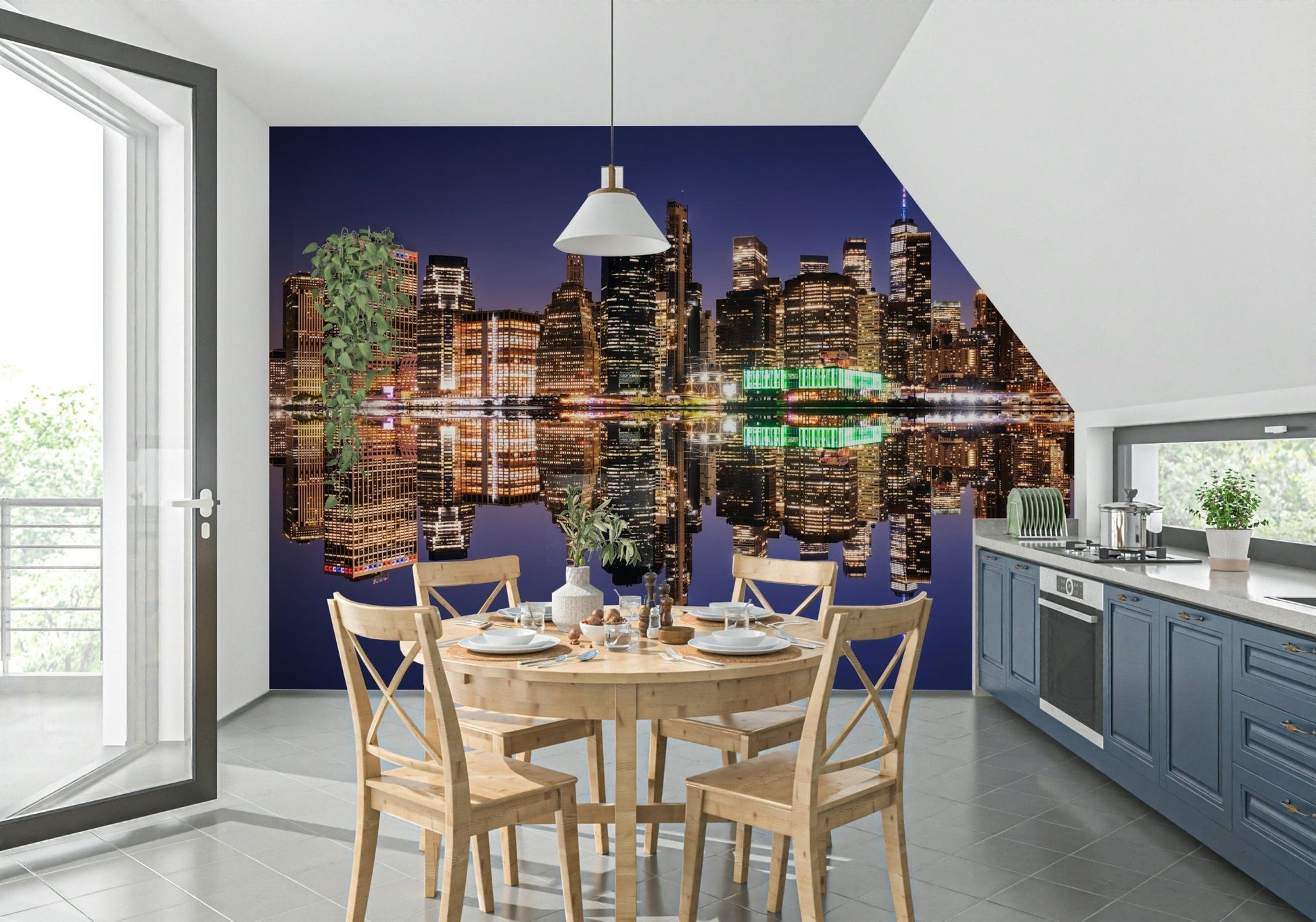 Night city skyline mural behind sofa, modern home styling for apartment living space
