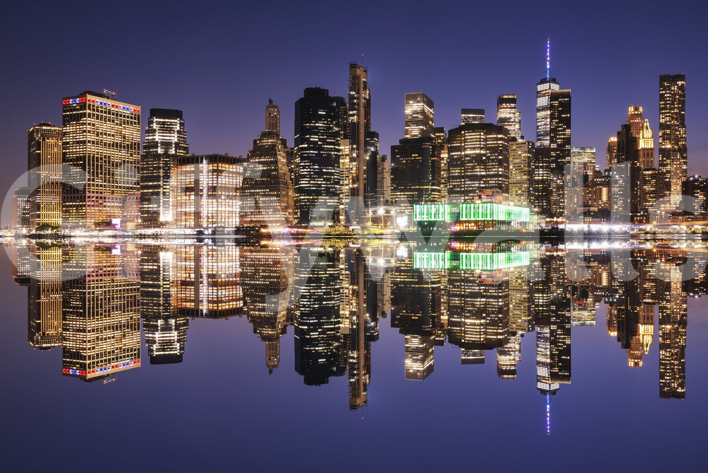 City skyline reflection mural in hallway, modern urban home styling look