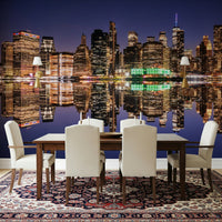Urban lights reflection wallpaper in bedroom, city night scene above headboard