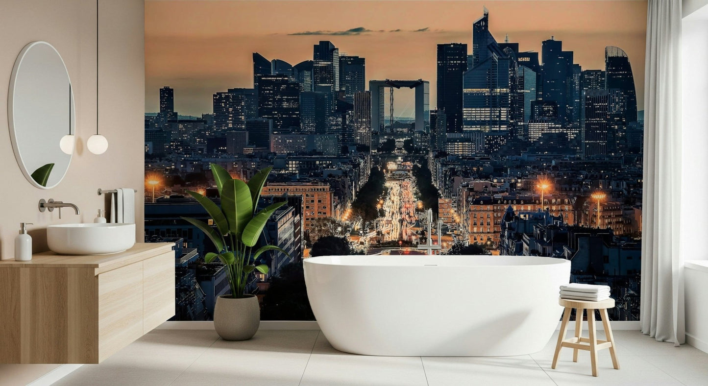 City of Lights wall mural featuring sunset skyline view.