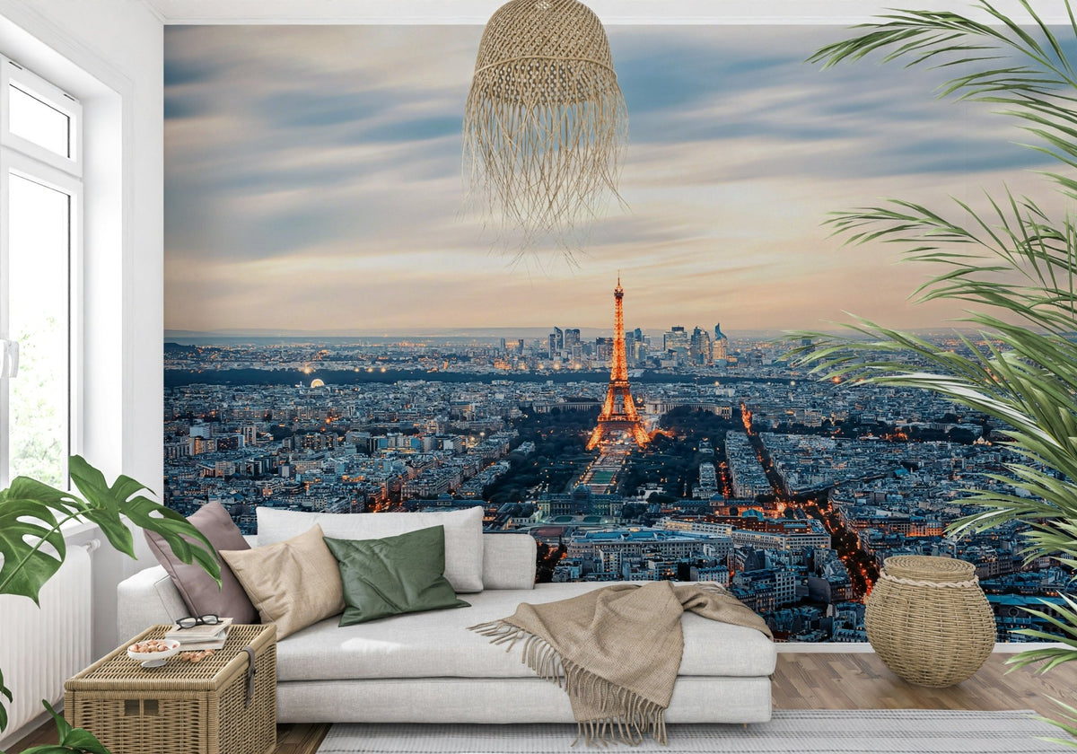 Skyline view mural in a contemporary apartment.