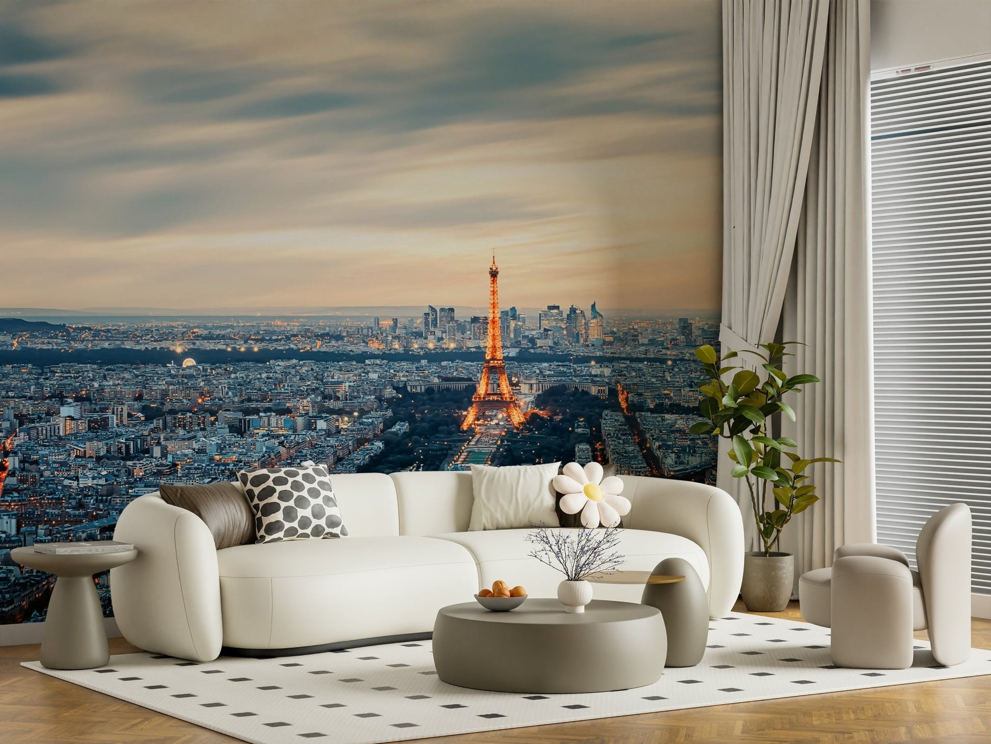 Night city landscape mural in a minimalist loft.