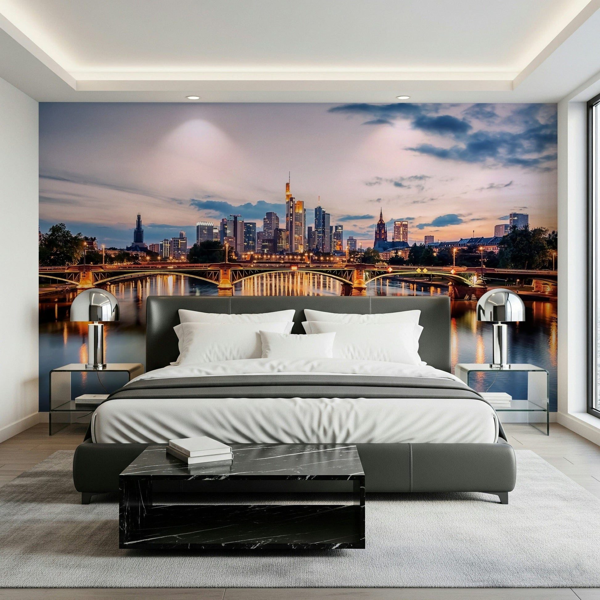 City reflections wall mural showing modern skyline mirrored on water
