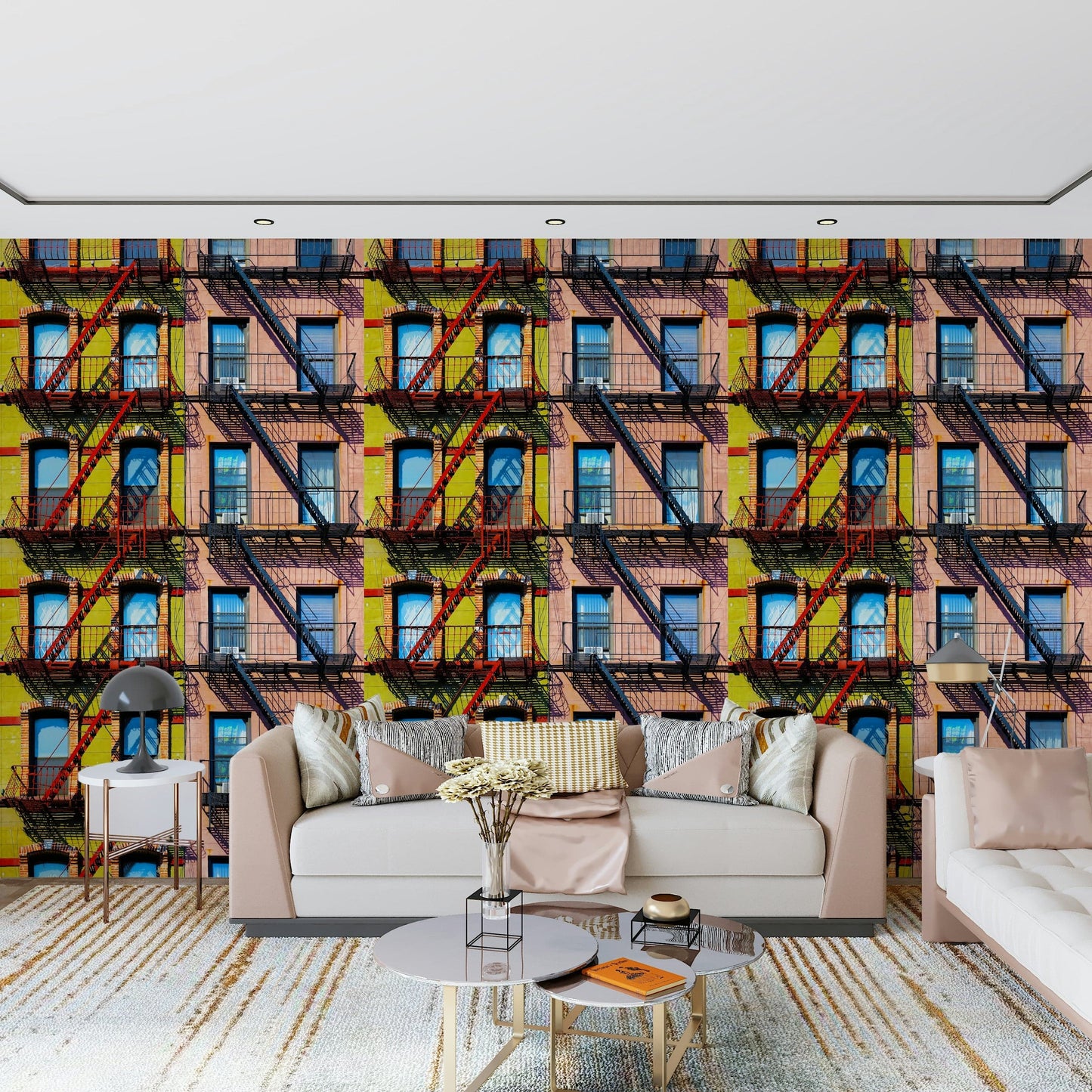 Urban-inspired mural featuring skyscrapers, streets, and city lights.