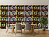 Wall mural showcasing a bustling city vibe with modern abstract elements.