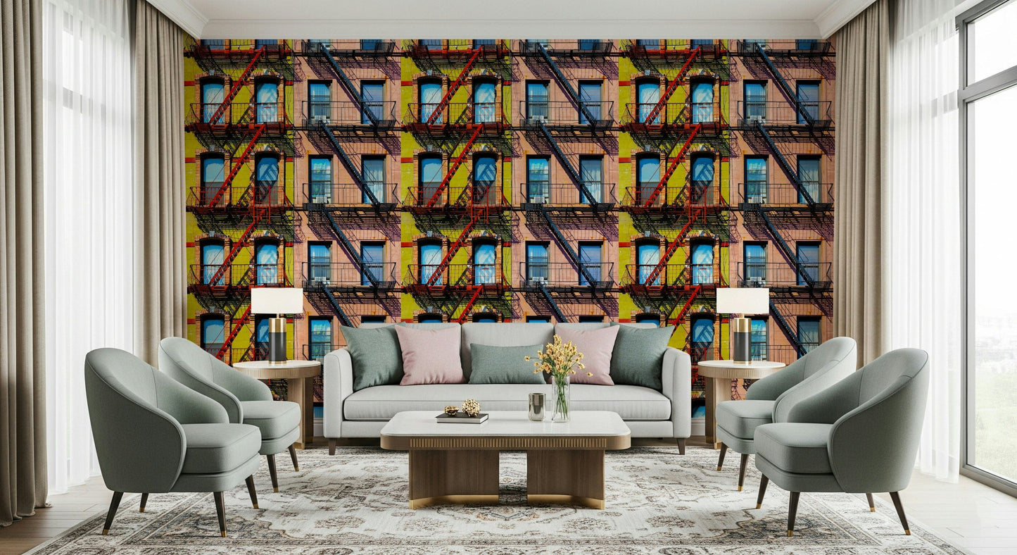 Urban-themed wall covering with vibrant buildings and street-inspired design.