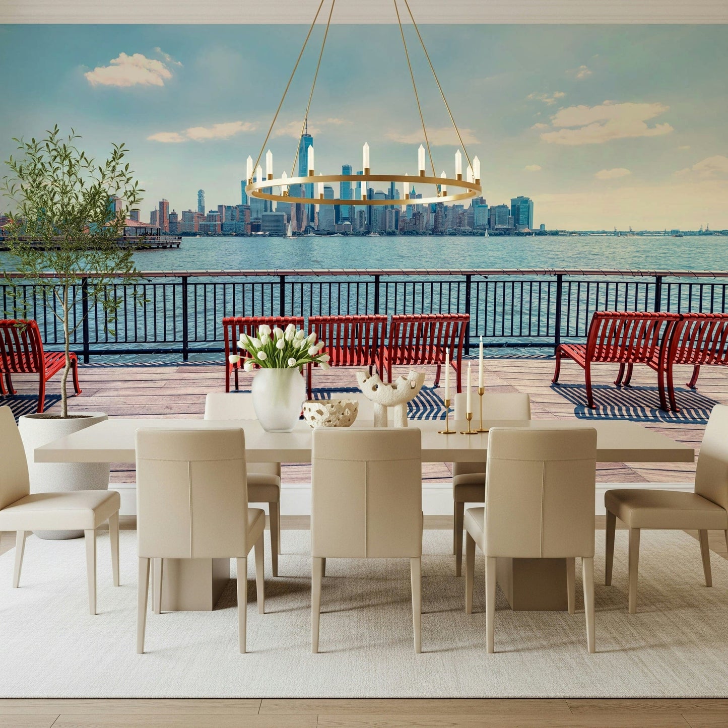 Morning City Skyline View wall mural summer sky.