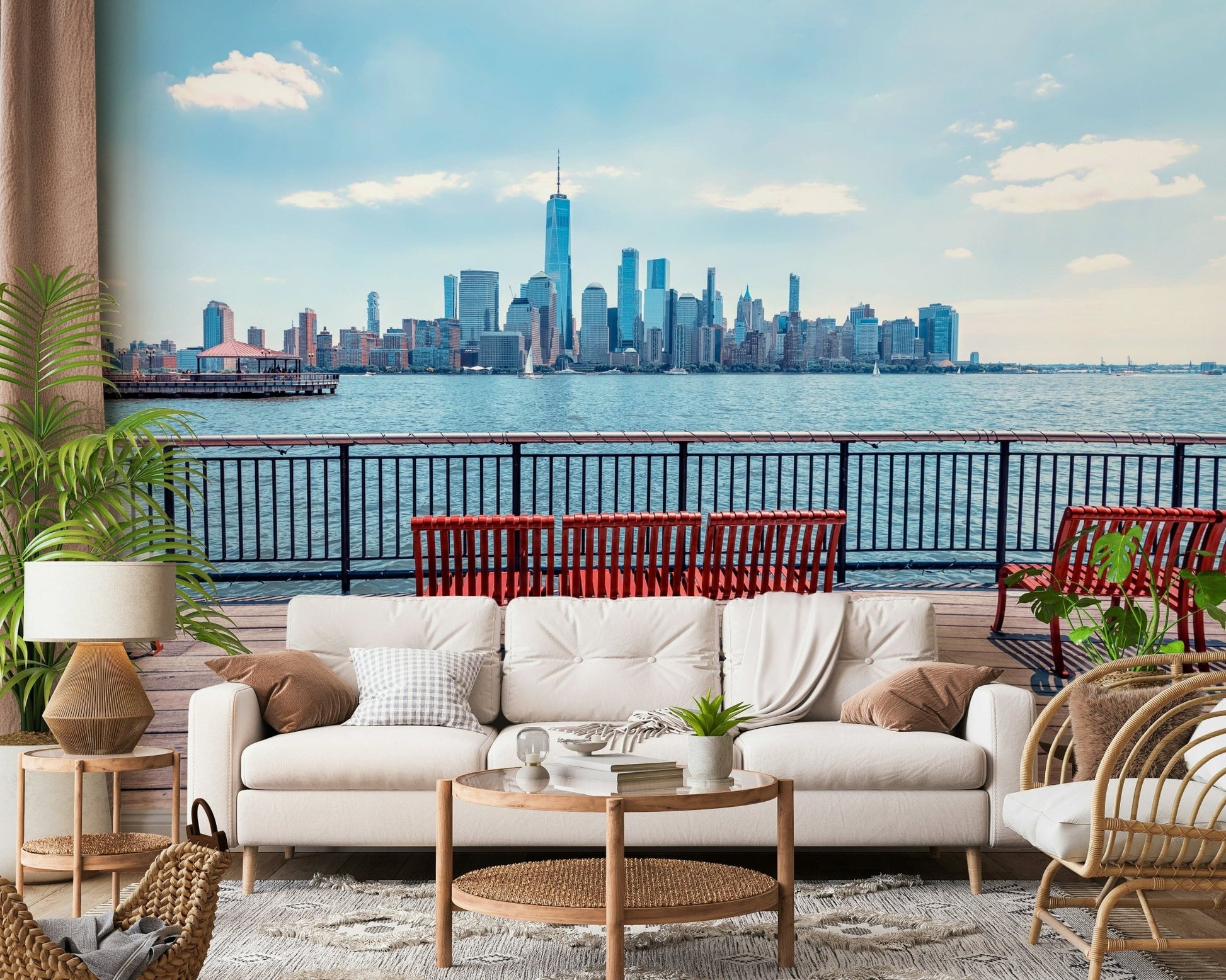 Red bench City Skyline View wall mural harbor.