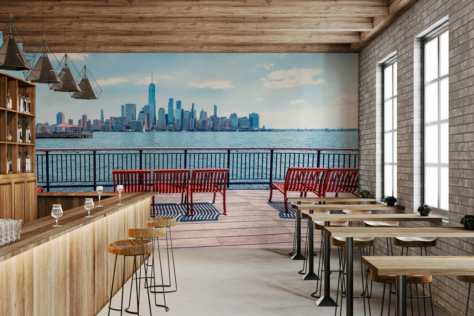 Panoramic City Skyline View wall mural office decor.