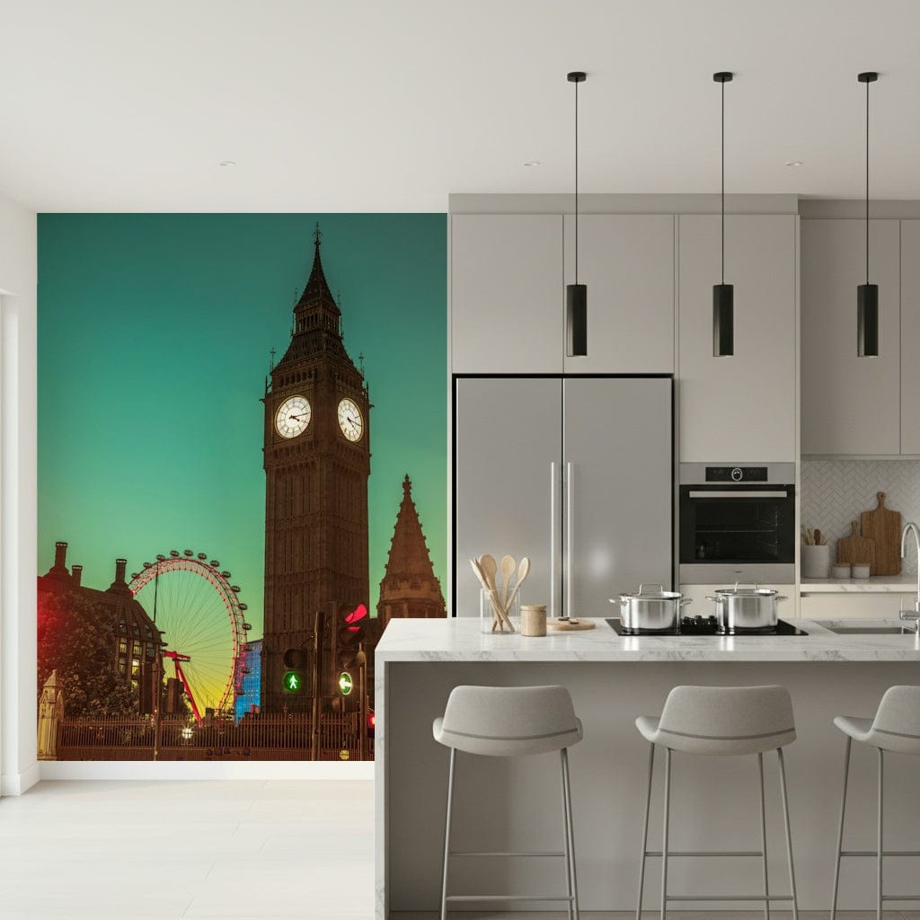 City Timepiece mural of Big Ben and the London Eye in a kitchen with a marble island and bar stools