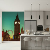 City Timepiece mural of Big Ben and the London Eye in a kitchen with a marble island and bar stools