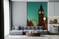 City Timepiece mural of Big Ben behind a grey modular sectional sofa and round fluted coffee table