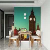 City Timepiece mural of Big Ben and the London Eye on teal sky behind a wood dining table and cream chairs