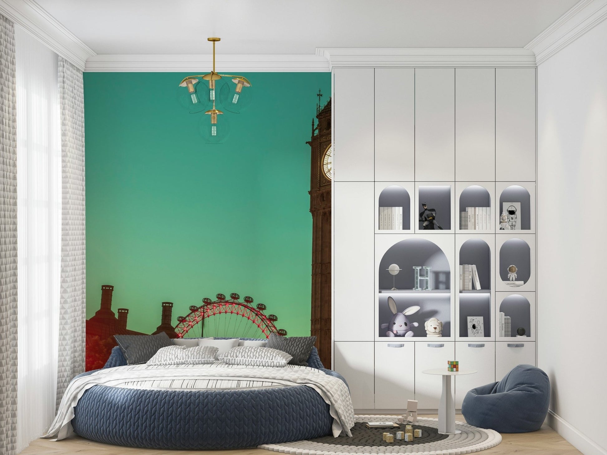 City Timepiece mural of Big Ben on teal sky over a round navy bed in a kids room with arched white shelving