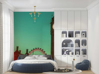 City Timepiece mural of Big Ben on teal sky over a round navy bed in a kids room with arched white shelving