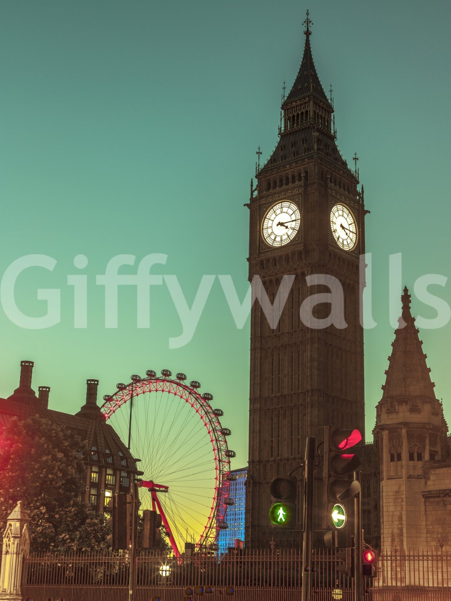City Timepiece view of Big Ben and the London Eye glowing against a teal dusk sky shown as a full-wall mural