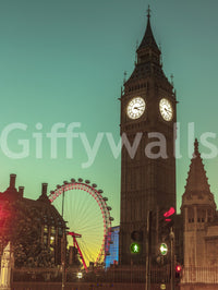 City Timepiece view of Big Ben and the London Eye glowing against a teal dusk sky shown as a full-wall mural