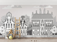 Kids' room wallpaper featuring beautiful city doodles.