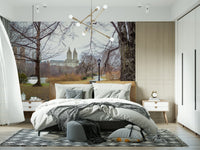 City skyline and greenery mural in modern living room, soft green color tones, feature wall