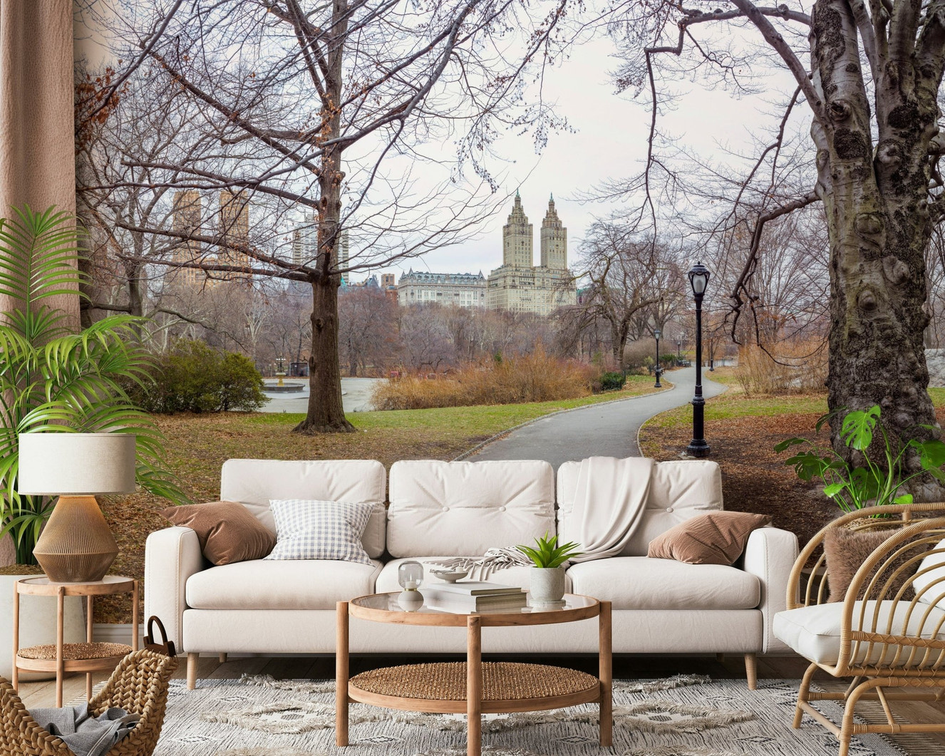 City’s Nature Vista Wall Mural behind sofa in apartment lounge, modern wall decor, muted greens