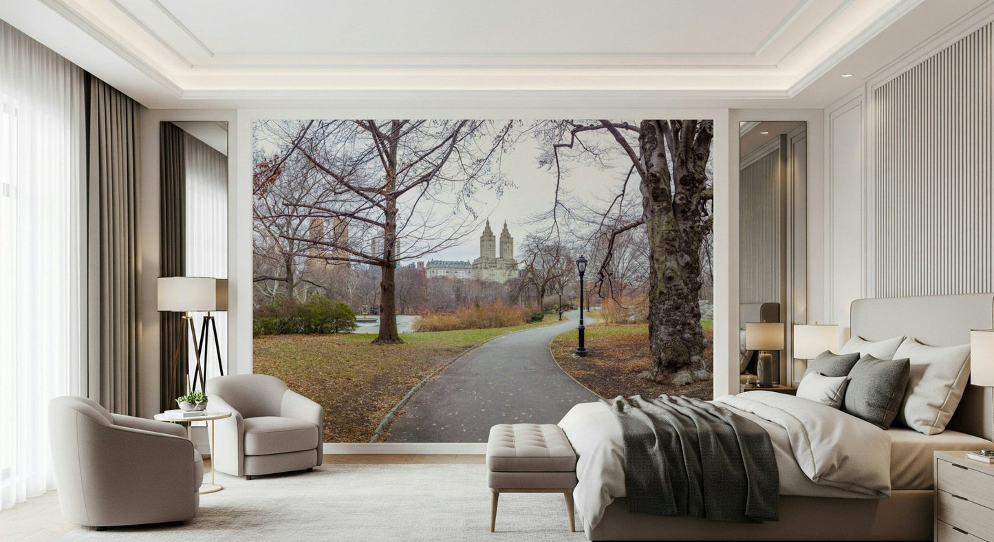 City and park scene wall mural in bedroom, neutral bedding, modern wall decor focal wall