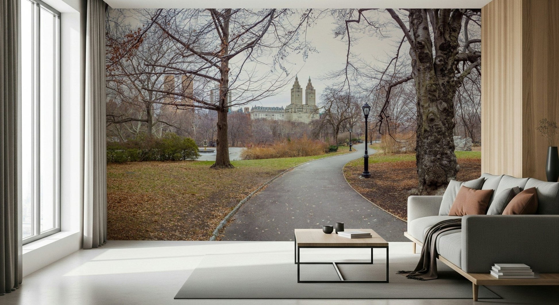 City skyline with trees wall mural in kids teen room, modern look, fresh green color details