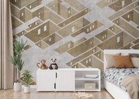 Axonometric cityscape mural showcasing dynamic urban geometry.

