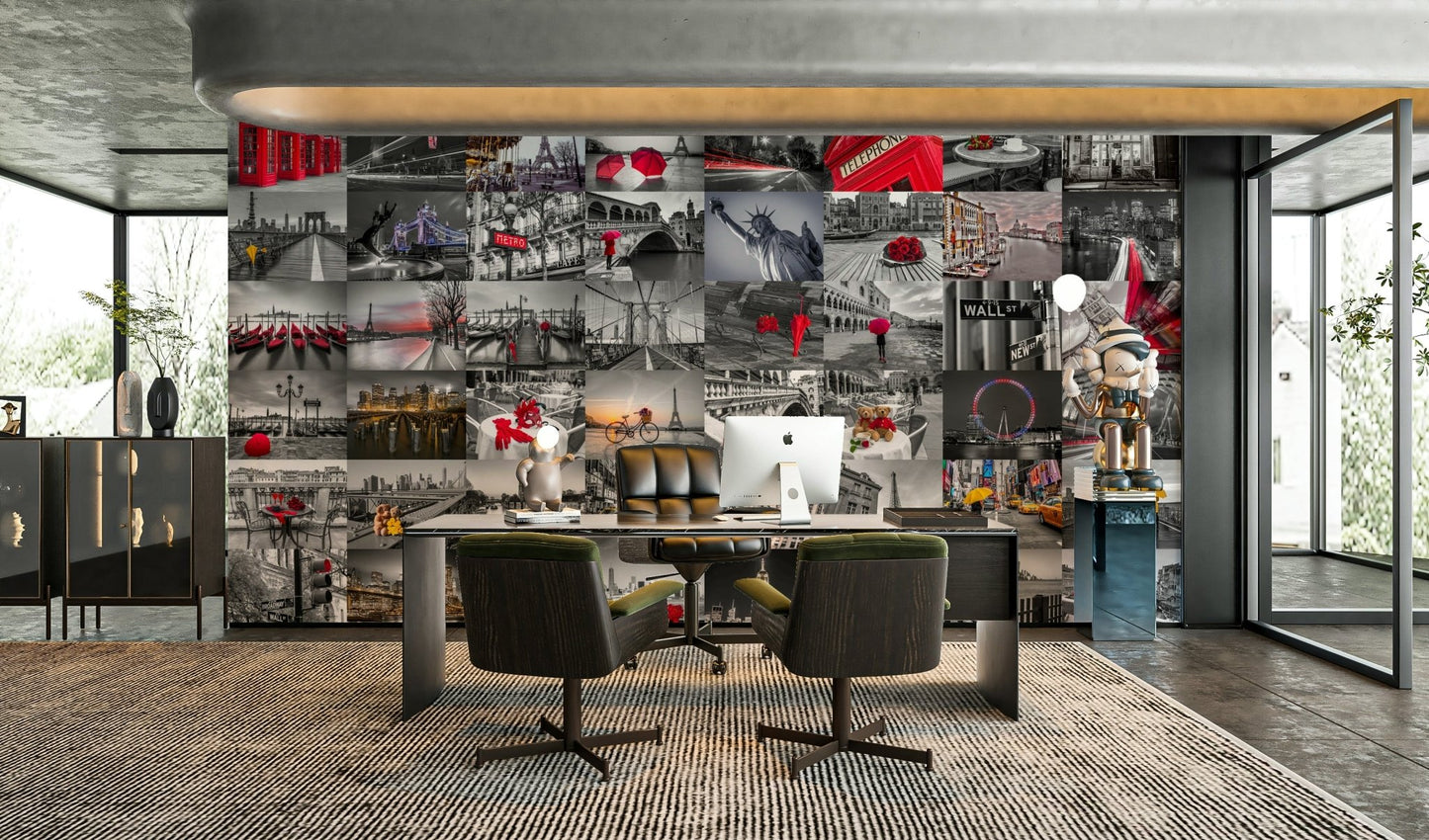 Collage of city buildings in a colorful, contemporary style.

