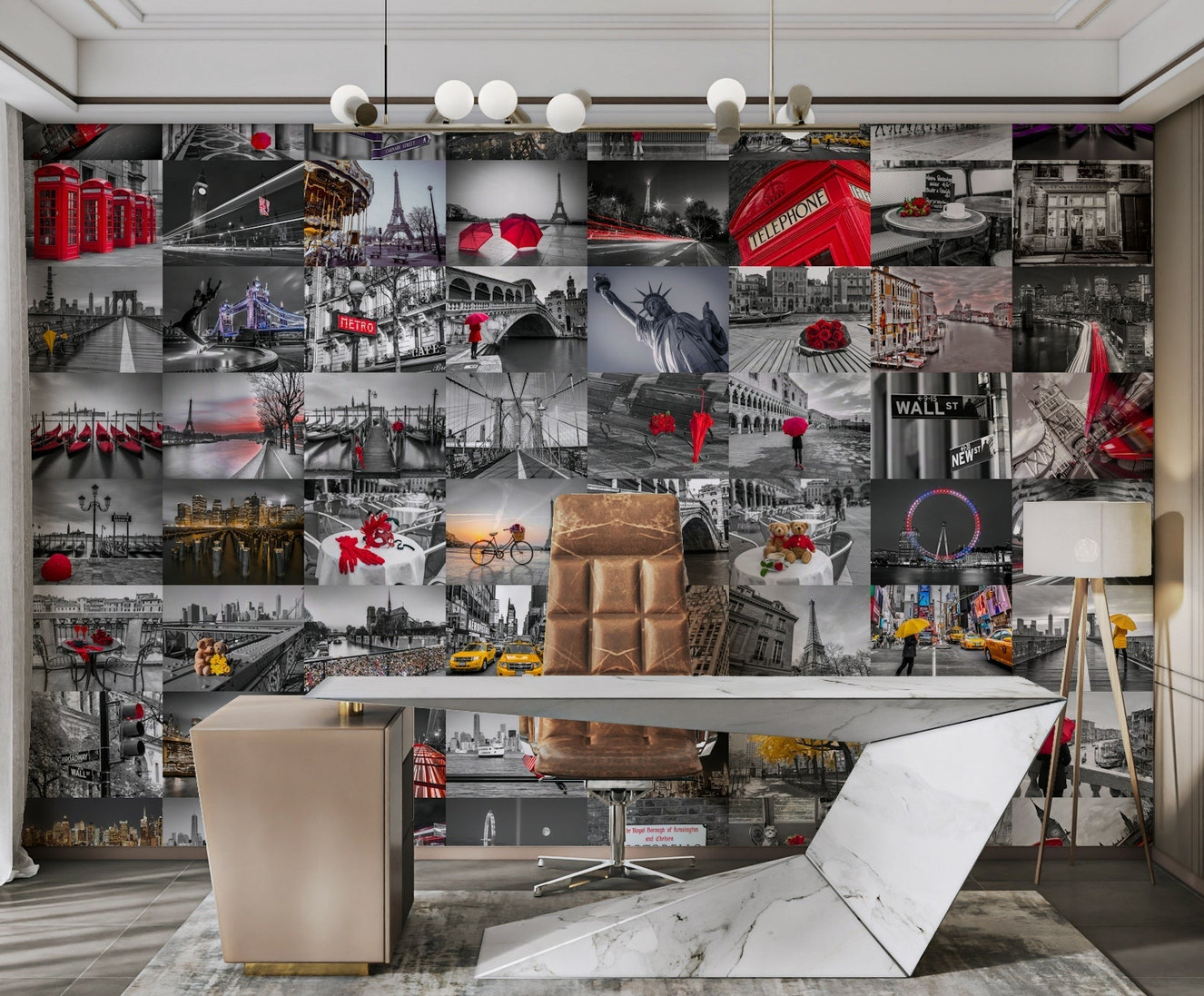 Modern city collage mural showcasing busy street life.

