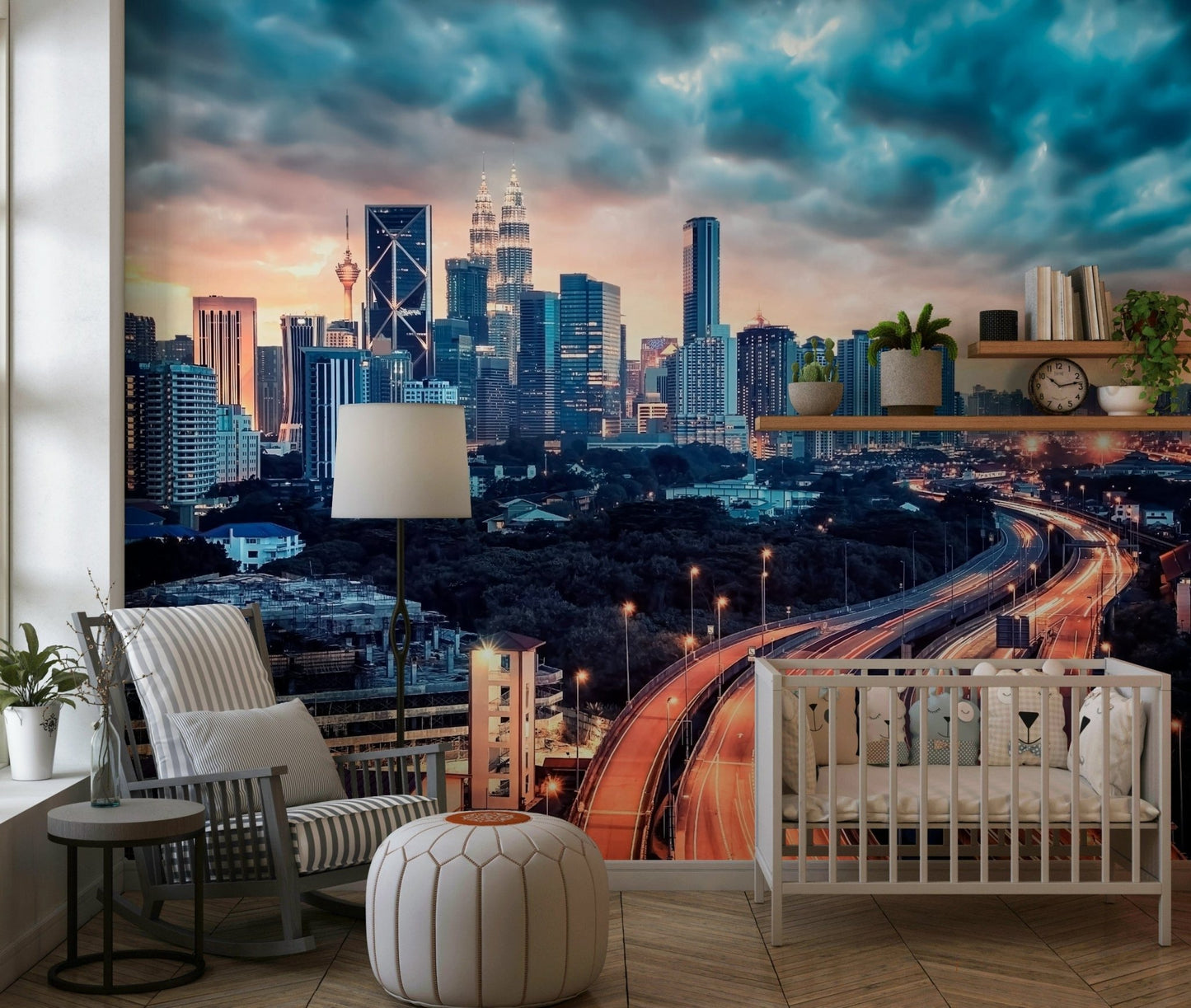 Cityscape Dawn wallpaper mural with sunset skyline and light trails beside a white crib in a baby nursery