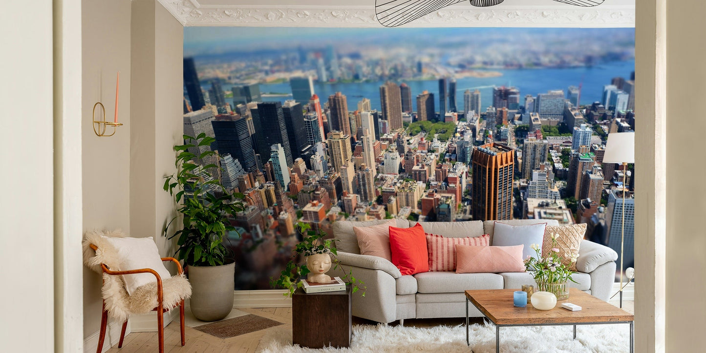 A stylized urban wall mural.
