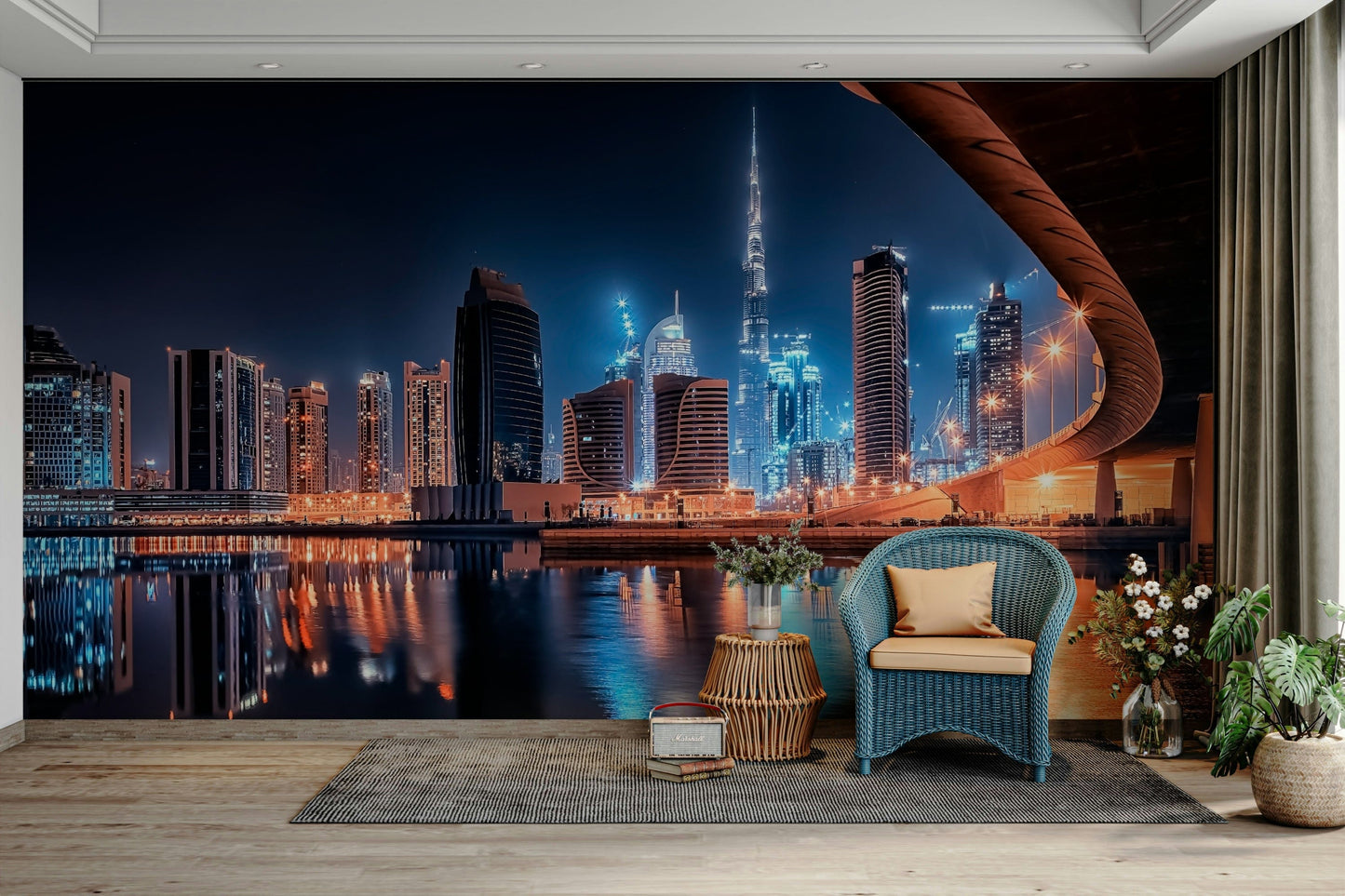A calming city skyline wallpaper mural that defines a space.

