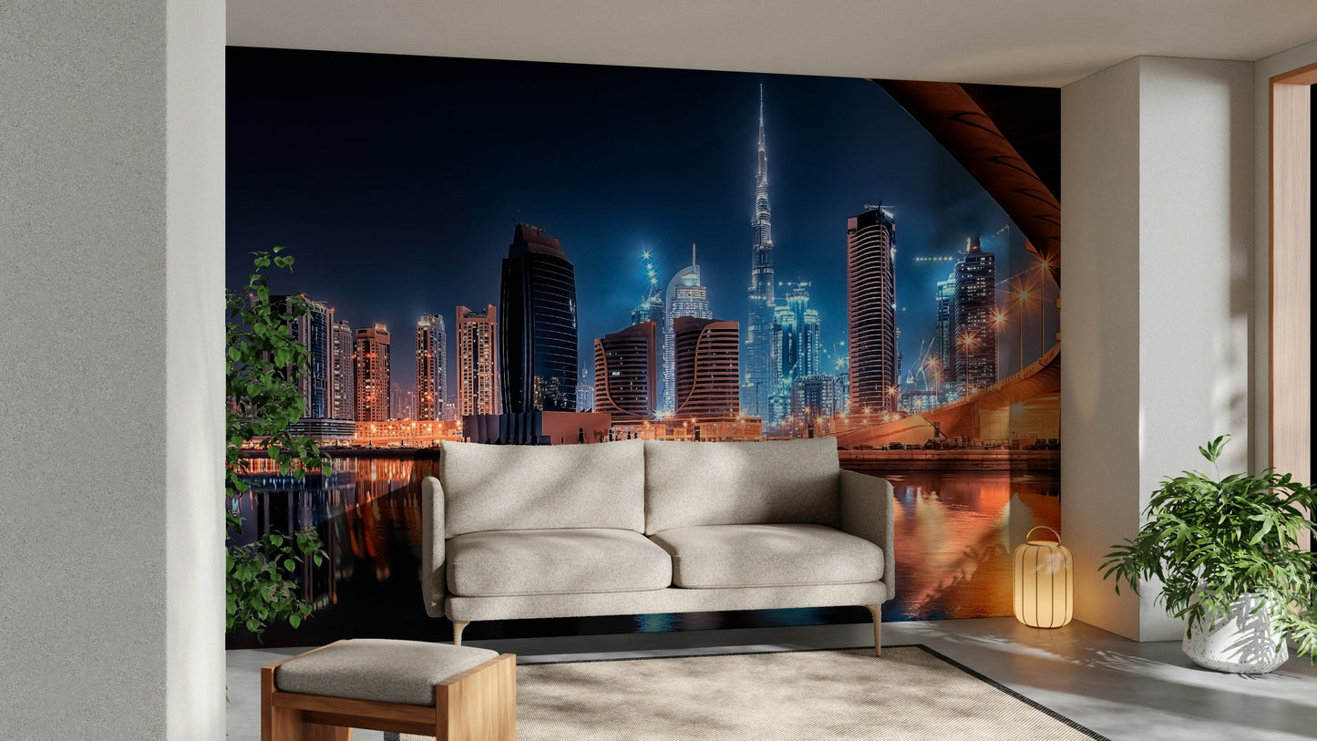 A peaceful metropolitan scene mural on decorative wallpaper.

