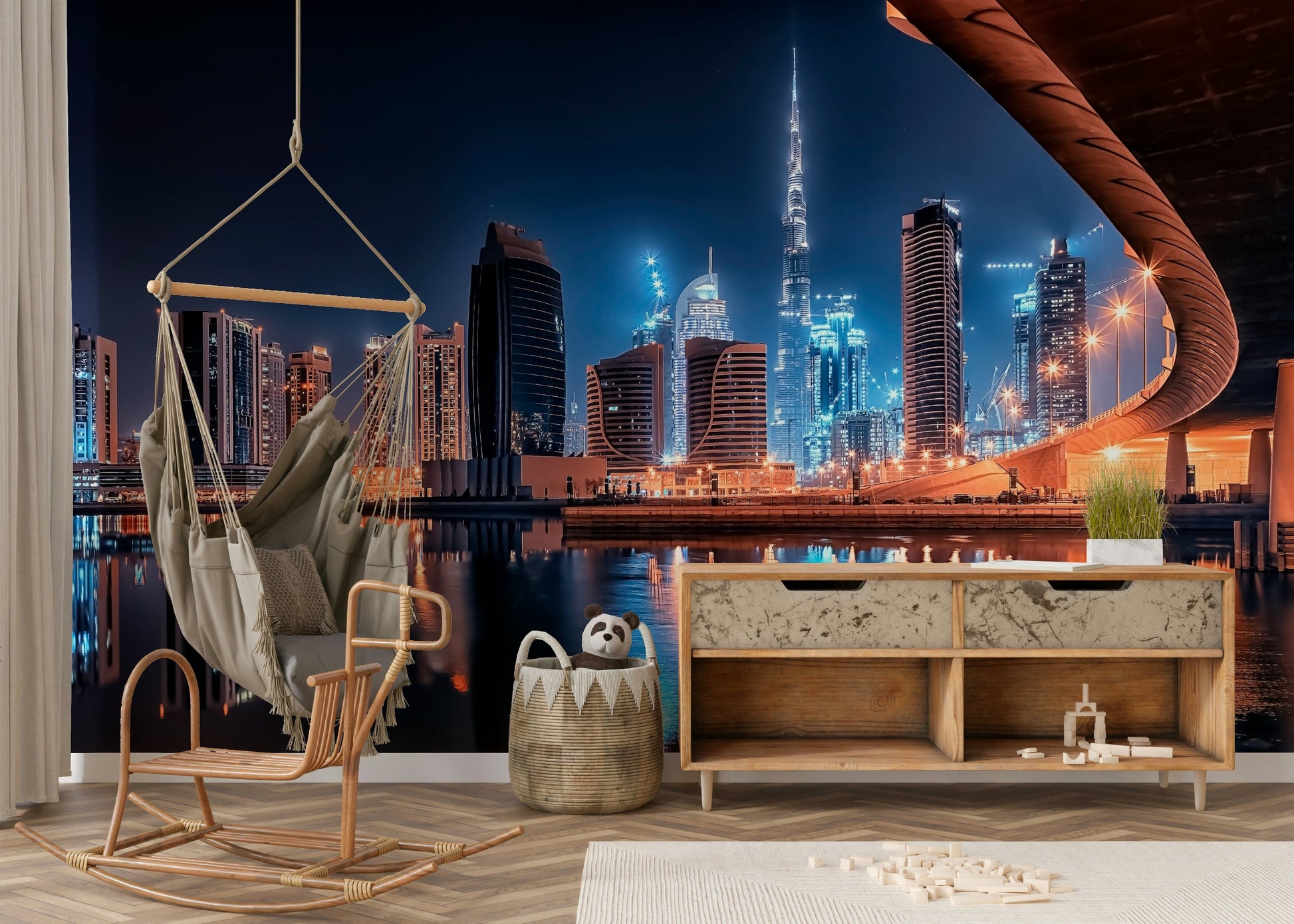 A graceful subtle illumination wall mural in cool, dark tones.

