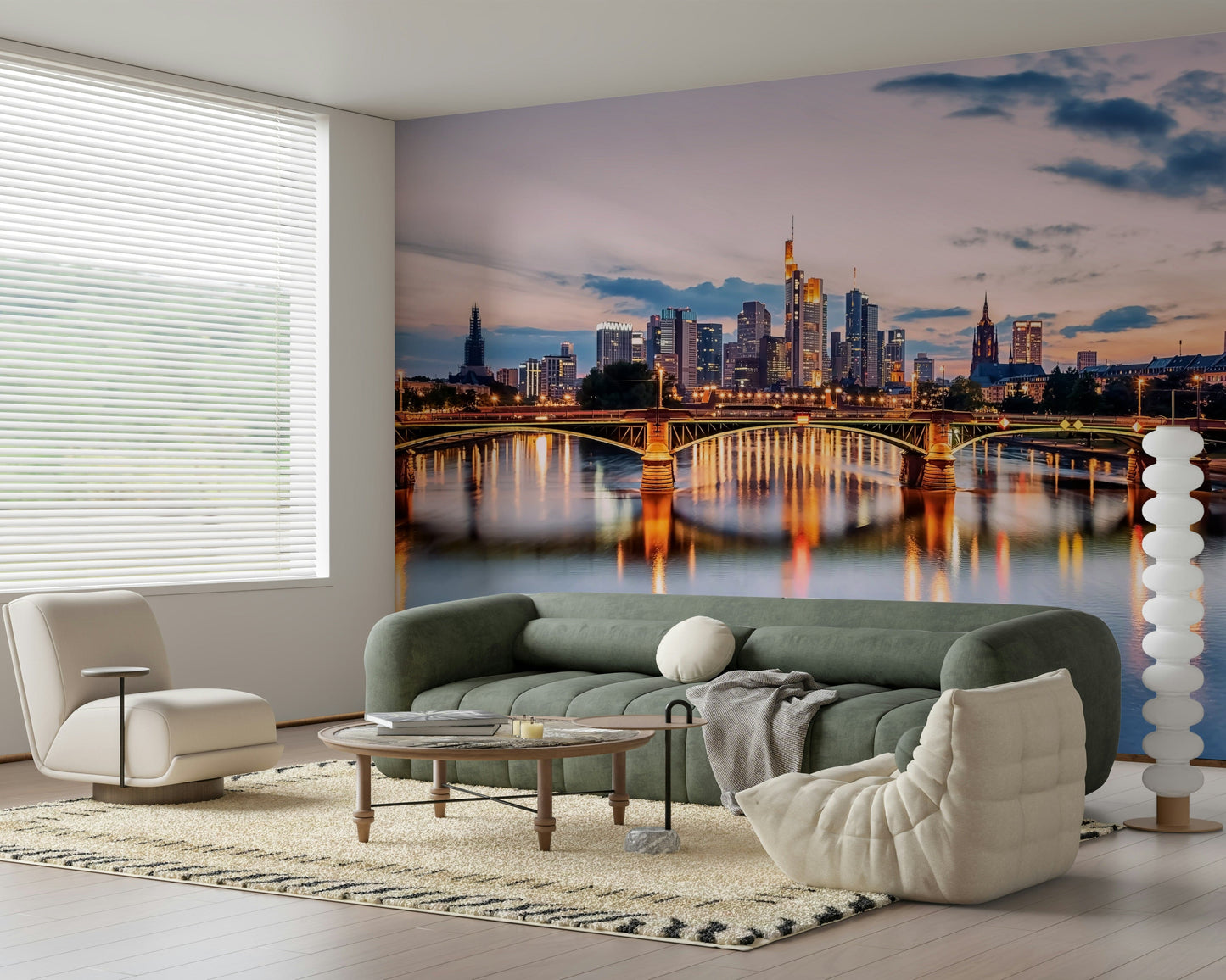 Urban reflections wall mural with city skyline and water contrast