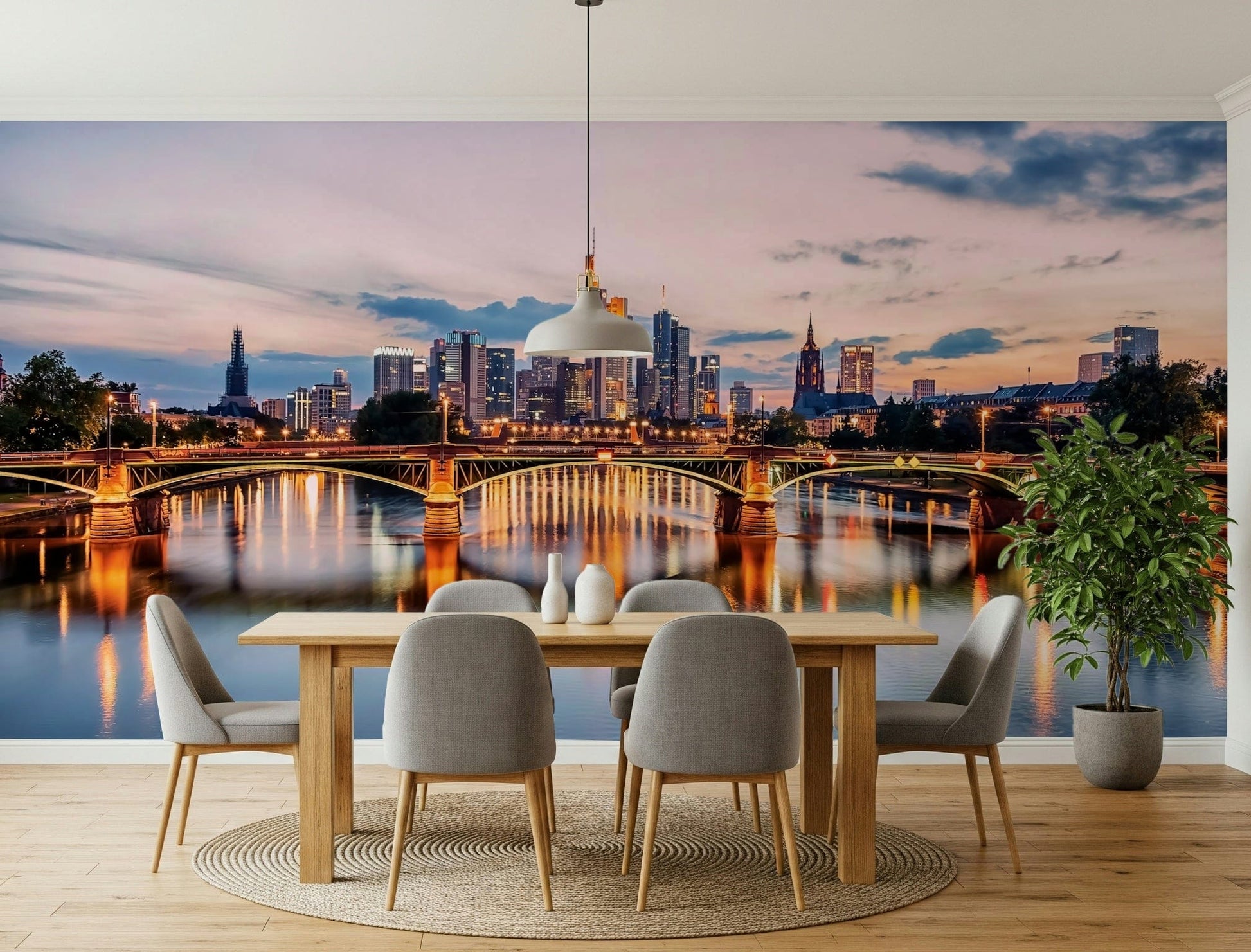 Artistic city reflections mural with architectural symmetry design