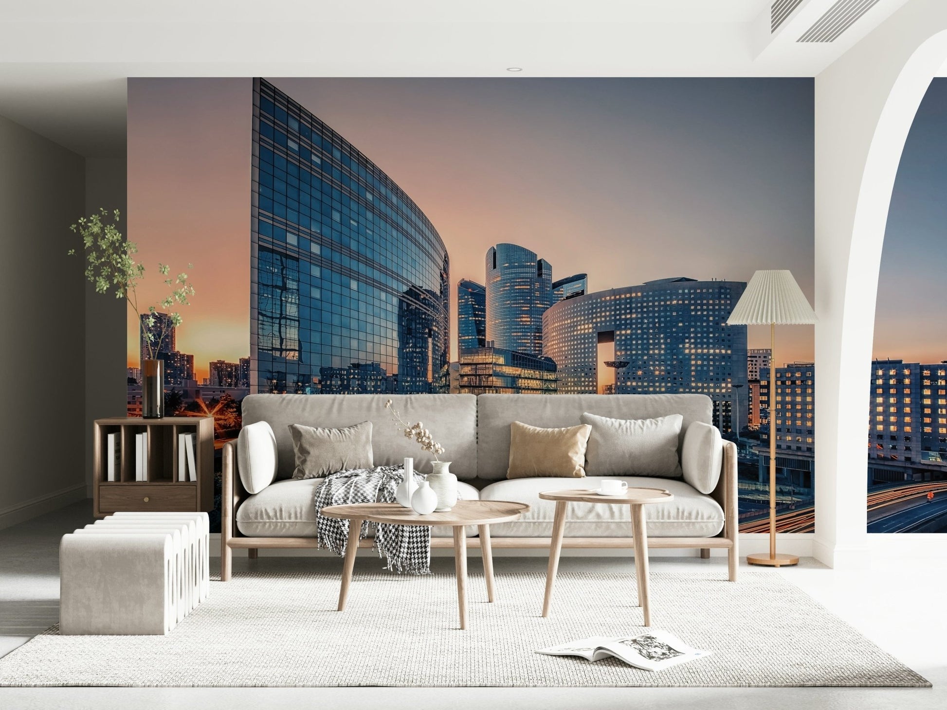 Bedroom headboard wall with soft skyline mural, muted colour and clean lines