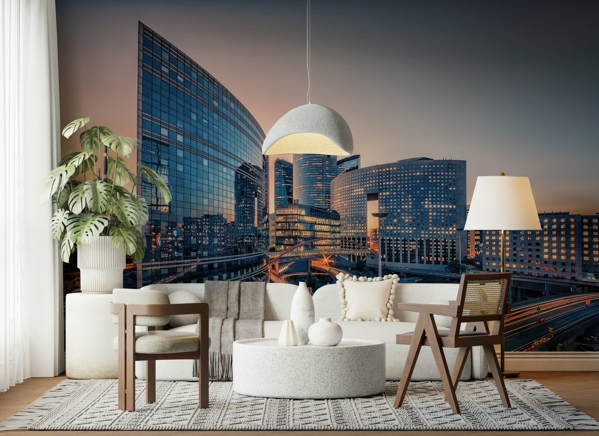 Soft city skyline wallpaper behind sofa, muted colour tones for home styling