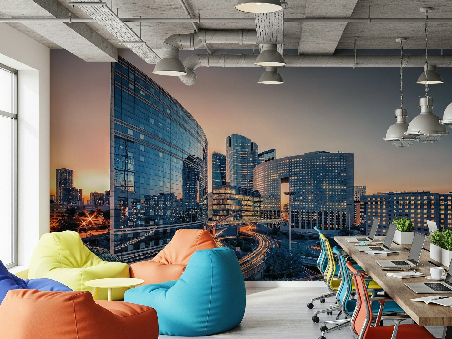 Study nook wall with calm cityscape wallpaper, tidy skyline design